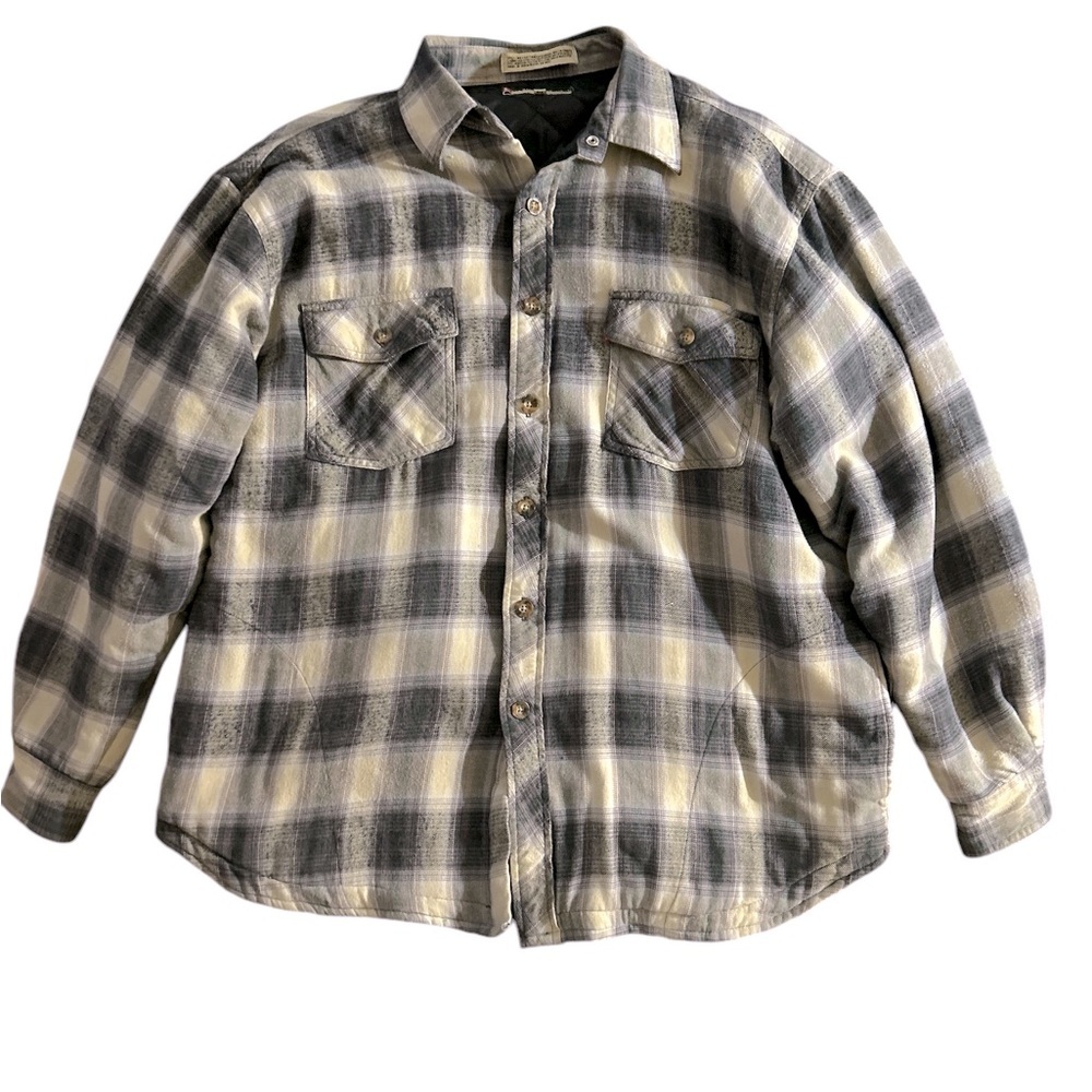 Levis Mens Plaid Flannel Shirt Jacket Quilted Lined Grey Cream Large GPU NP 002